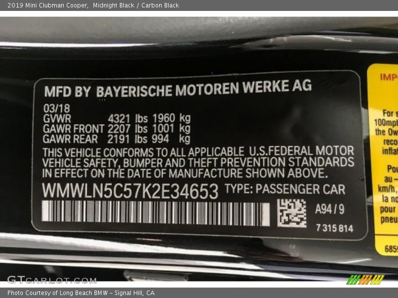 Midnight Black / Carbon Black 2019 Mini Clubman Cooper