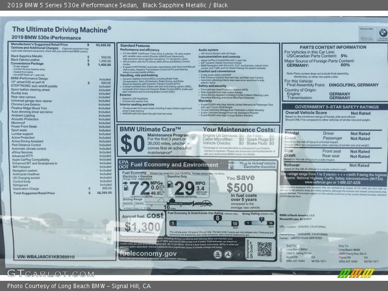 Black Sapphire Metallic / Black 2019 BMW 5 Series 530e iPerformance Sedan