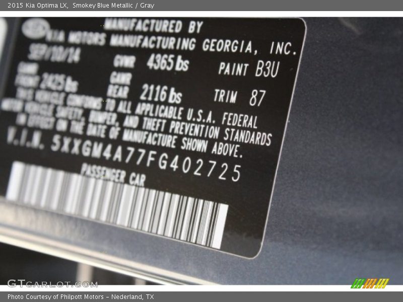 Smokey Blue Metallic / Gray 2015 Kia Optima LX