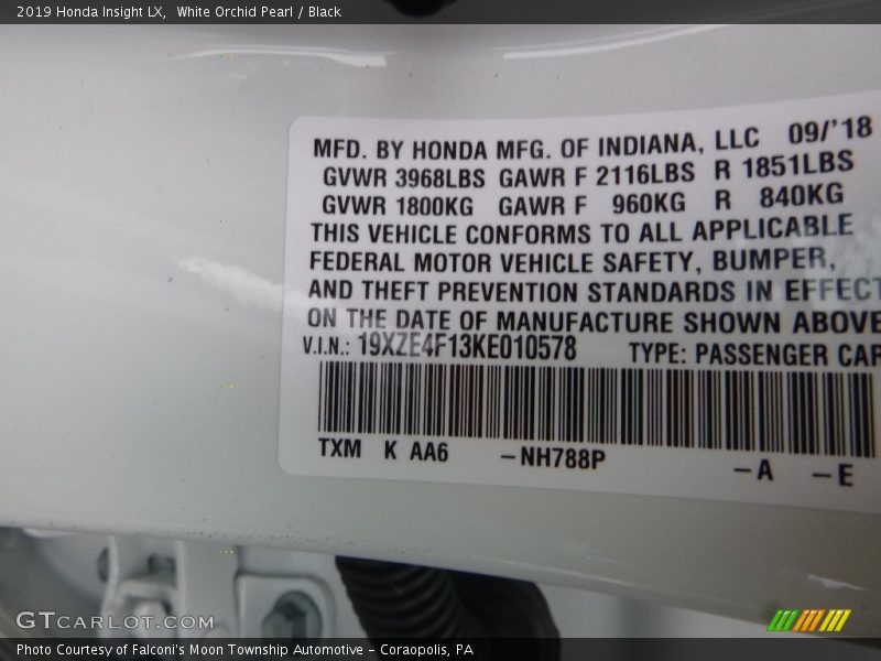 2019 Insight LX White Orchid Pearl Color Code NH788P