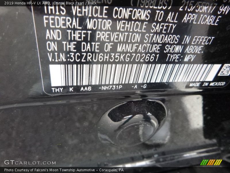 2019 HR-V LX AWD Crystal Black Pearl Color Code NH731P
