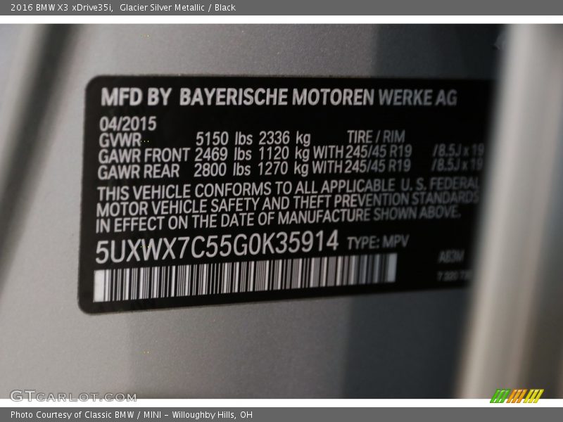 Glacier Silver Metallic / Black 2016 BMW X3 xDrive35i