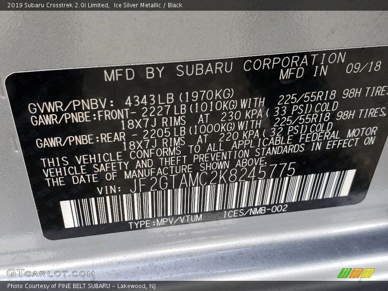 Ice Silver Metallic / Black 2019 Subaru Crosstrek 2.0i Limited