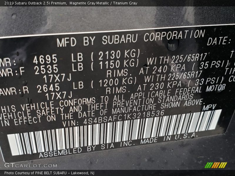 Magnetite Gray Metallic / Titanium Gray 2019 Subaru Outback 2.5i Premium