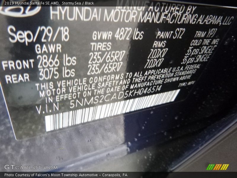 2019 Santa Fe SE AWD Stormy Sea Color Code ST2