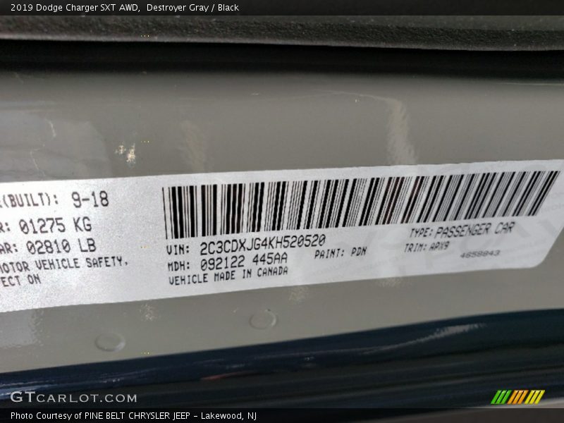 2019 Charger SXT AWD Destroyer Gray Color Code PDN