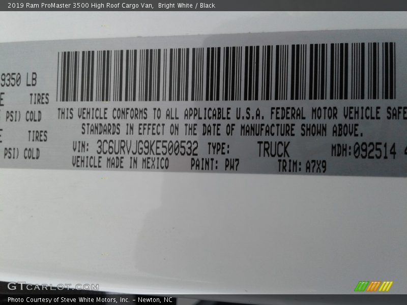 2019 ProMaster 3500 High Roof Cargo Van Bright White Color Code PW7