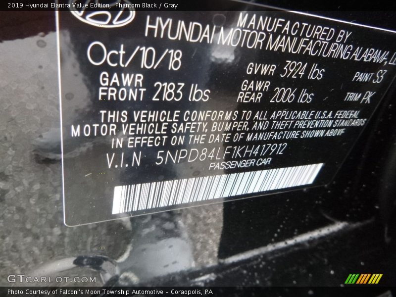 2019 Elantra Value Edition Phantom Black Color Code S3