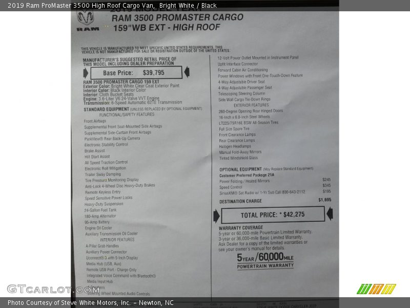  2019 ProMaster 3500 High Roof Cargo Van Window Sticker