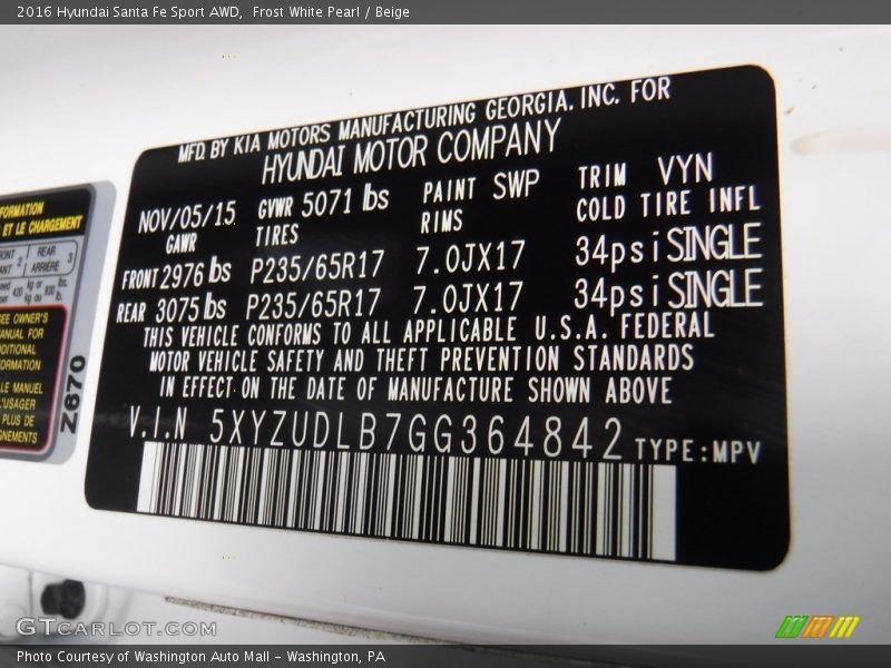 Frost White Pearl / Beige 2016 Hyundai Santa Fe Sport AWD