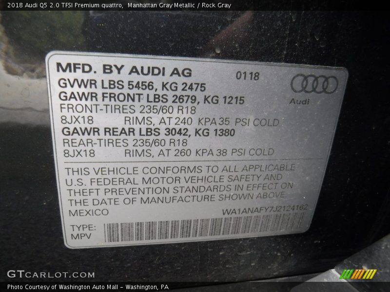 Manhattan Gray Metallic / Rock Gray 2018 Audi Q5 2.0 TFSI Premium quattro