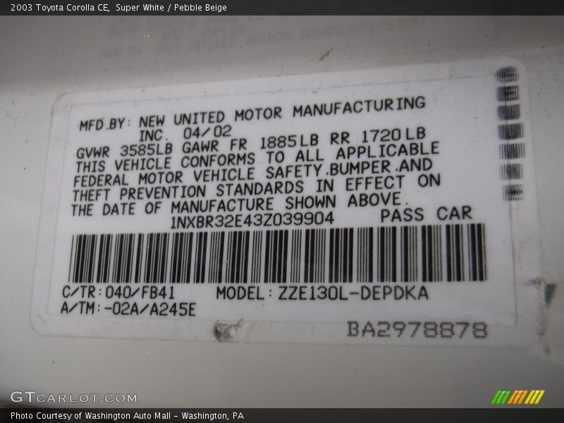 Super White / Pebble Beige 2003 Toyota Corolla CE