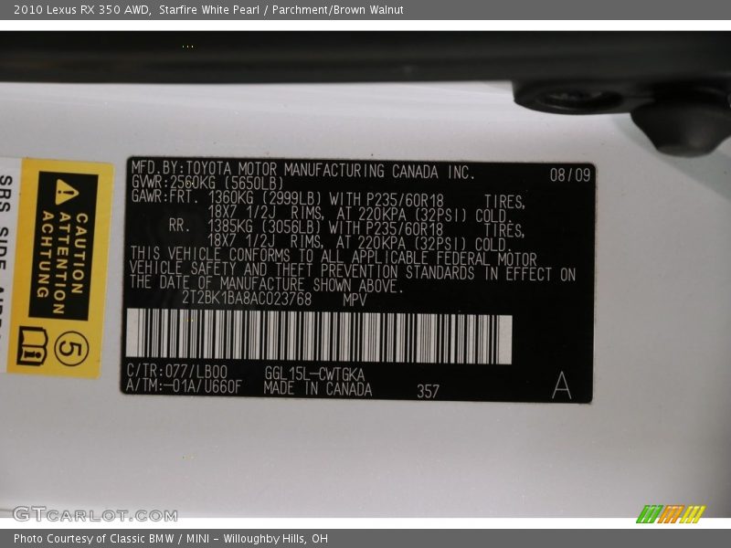 Starfire White Pearl / Parchment/Brown Walnut 2010 Lexus RX 350 AWD