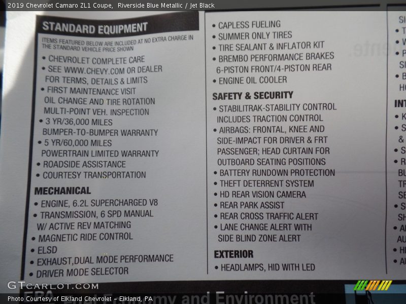  2019 Camaro ZL1 Coupe Window Sticker