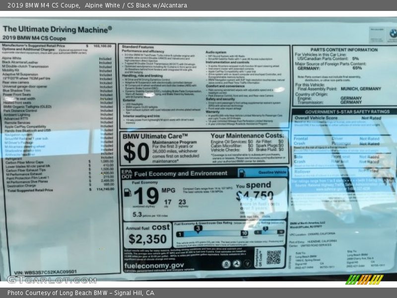  2019 M4 CS Coupe Window Sticker