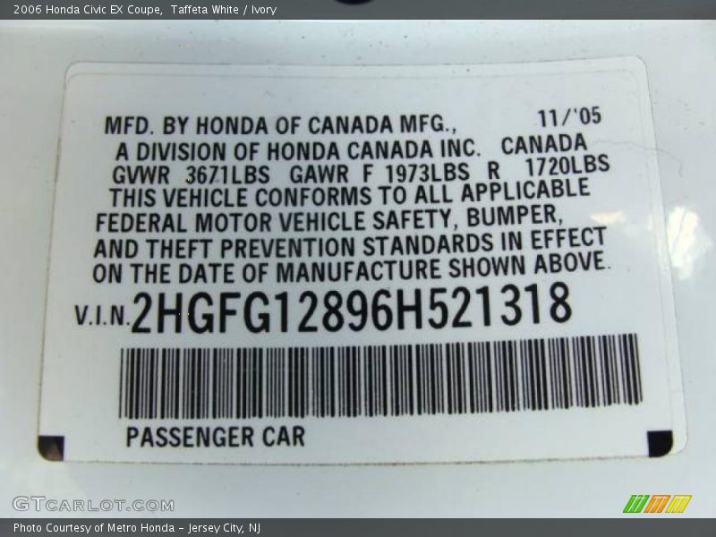 Taffeta White / Ivory 2006 Honda Civic EX Coupe