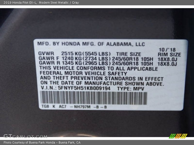 Modern Steel Metallic / Gray 2019 Honda Pilot EX-L