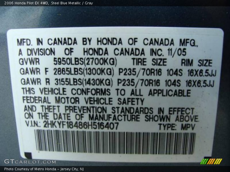 Steel Blue Metallic / Gray 2006 Honda Pilot EX 4WD