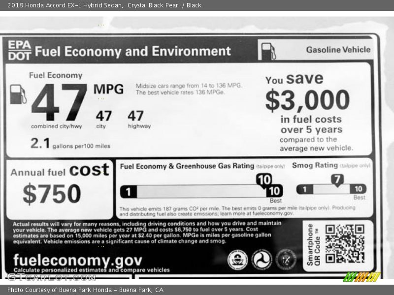 Info Tag of 2018 Accord EX-L Hybrid Sedan
