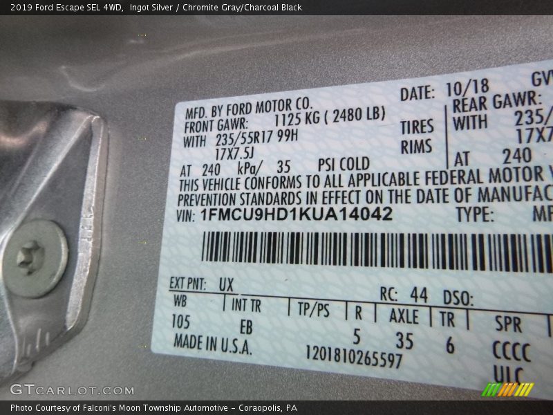 2019 Escape SEL 4WD Ingot Silver Color Code UX