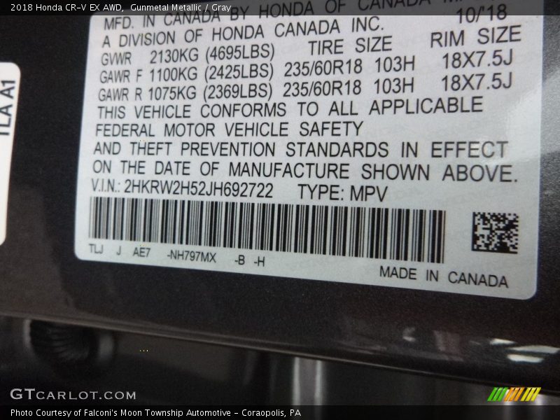 Gunmetal Metallic / Gray 2018 Honda CR-V EX AWD