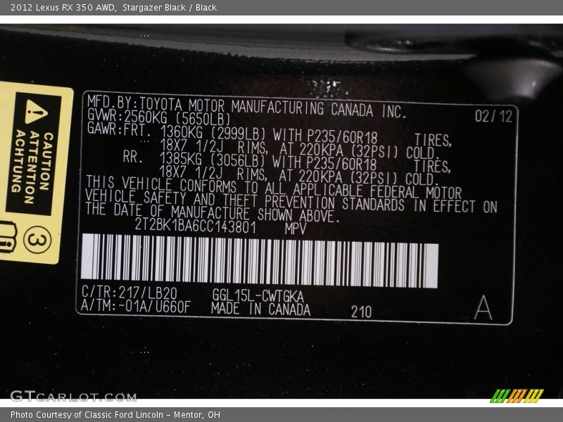 Stargazer Black / Black 2012 Lexus RX 350 AWD