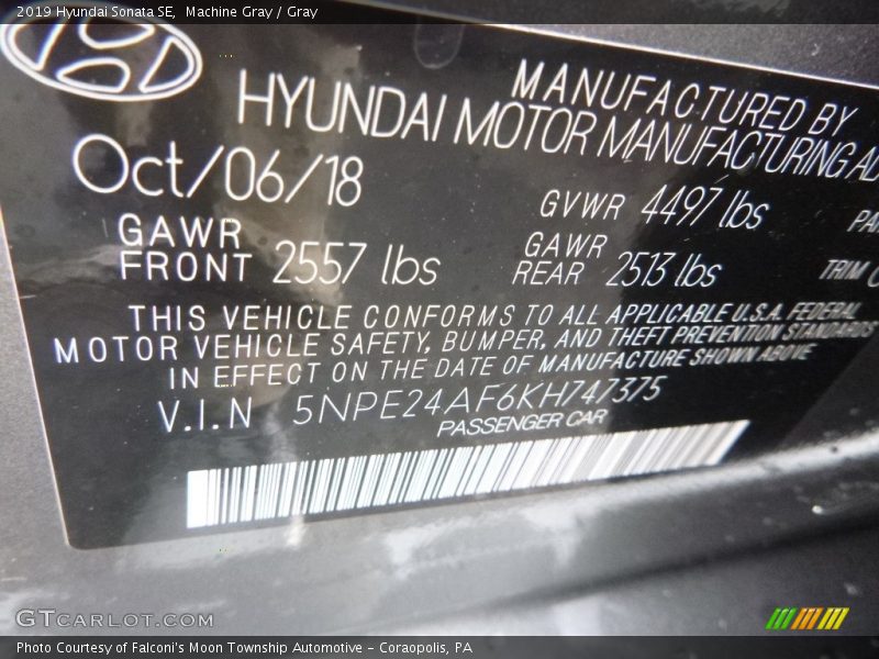 Machine Gray / Gray 2019 Hyundai Sonata SE