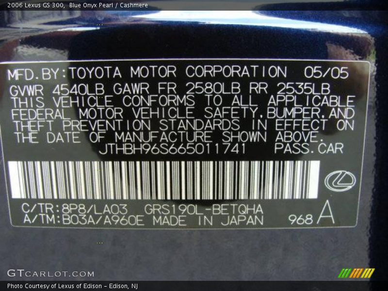 Blue Onyx Pearl / Cashmere 2006 Lexus GS 300