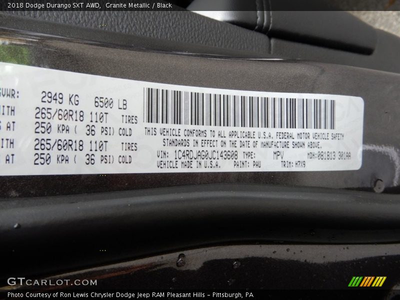 Granite Metallic / Black 2018 Dodge Durango SXT AWD