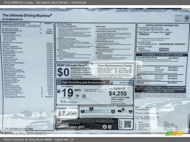  2018 M3 Sedan Window Sticker