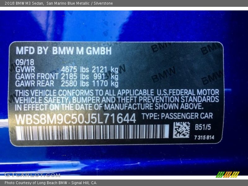 2018 M3 Sedan San Marino Blue Metallic Color Code B51