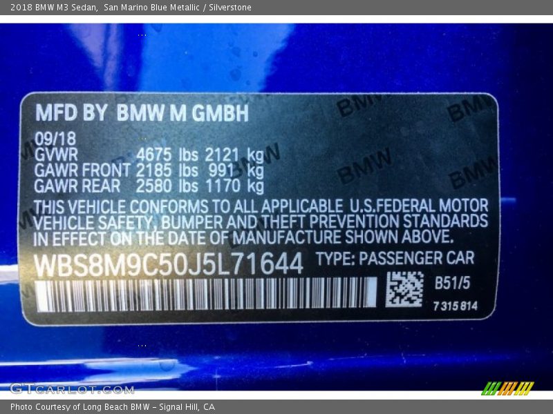 2018 M3 Sedan San Marino Blue Metallic Color Code B51