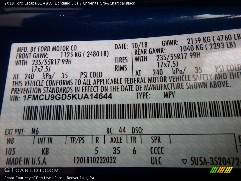 Lightning Blue / Chromite Gray/Charcoal Black 2019 Ford Escape SE 4WD
