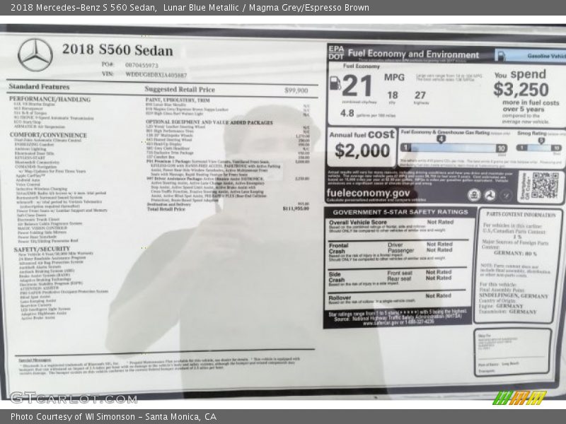 Lunar Blue Metallic / Magma Grey/Espresso Brown 2018 Mercedes-Benz S 560 Sedan