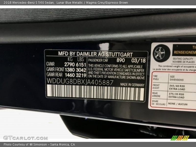 Lunar Blue Metallic / Magma Grey/Espresso Brown 2018 Mercedes-Benz S 560 Sedan