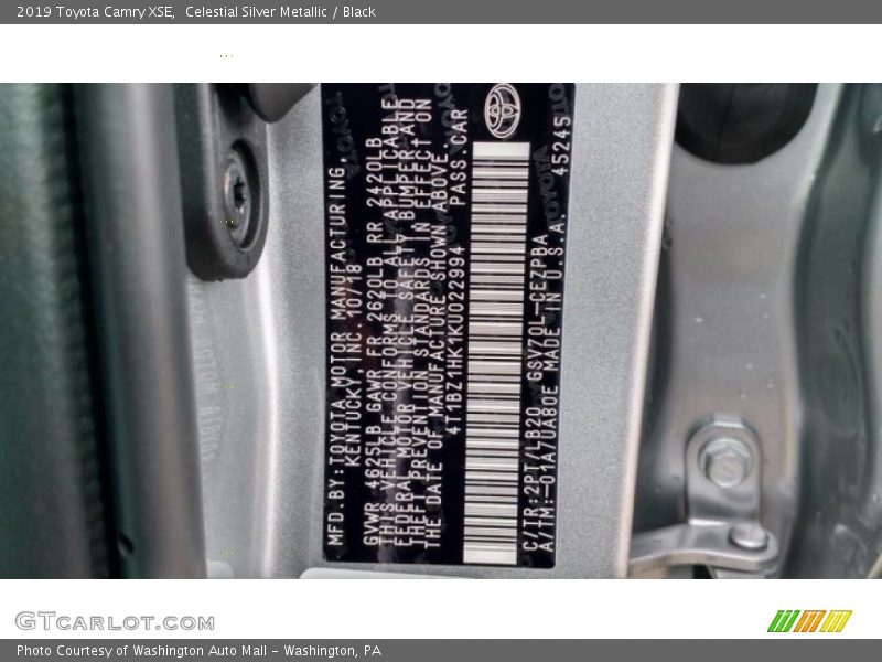 2019 Camry XSE Celestial Silver Metallic Color Code 2PT