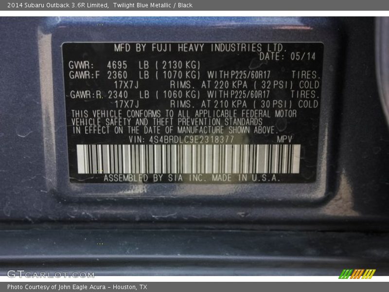 Twilight Blue Metallic / Black 2014 Subaru Outback 3.6R Limited