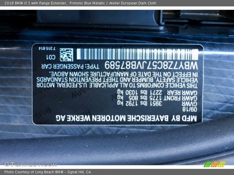 Protonic Blue Metallic / Atelier European Dark Cloth 2018 BMW i3 S with Range Extender