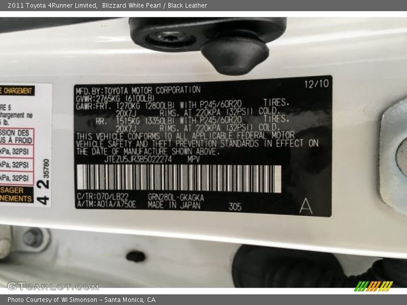 Blizzard White Pearl / Black Leather 2011 Toyota 4Runner Limited