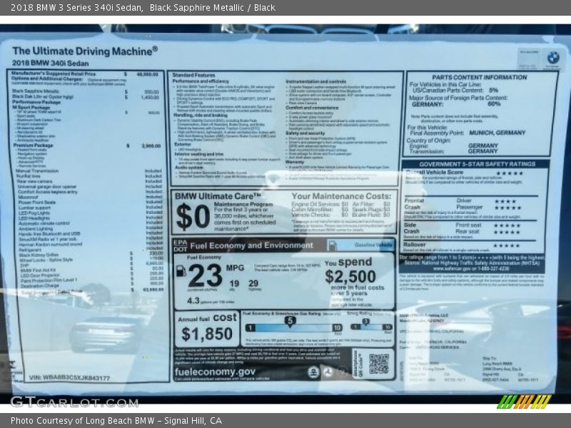  2018 3 Series 340i Sedan Window Sticker