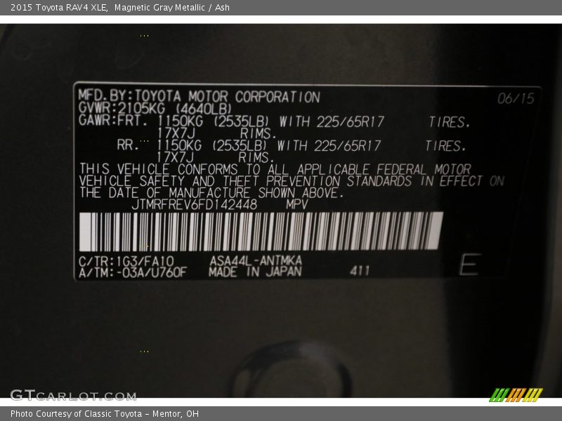 Magnetic Gray Metallic / Ash 2015 Toyota RAV4 XLE