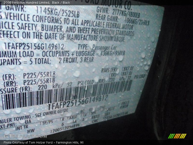 Black / Black 2006 Ford Five Hundred Limited