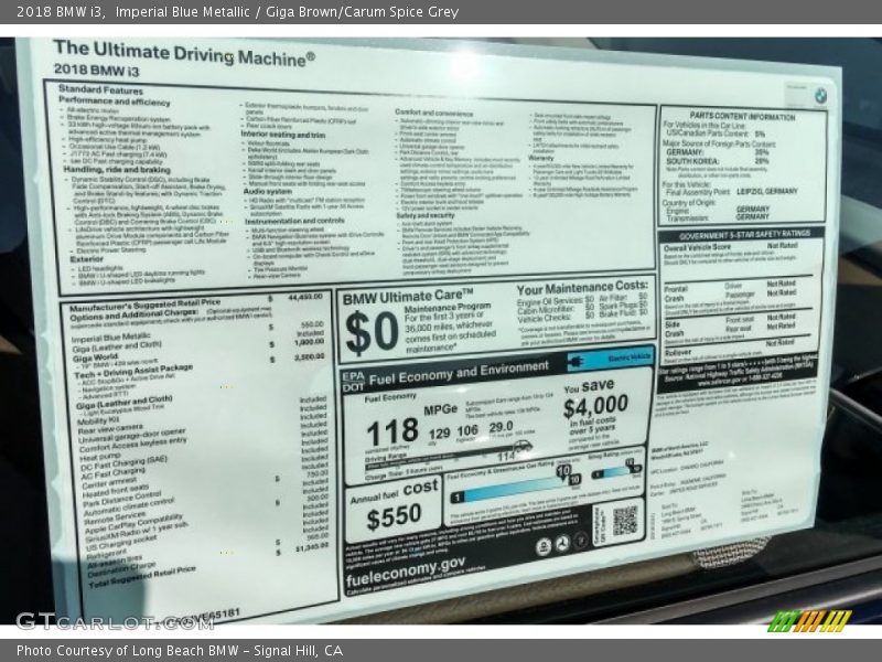 Imperial Blue Metallic / Giga Brown/Carum Spice Grey 2018 BMW i3
