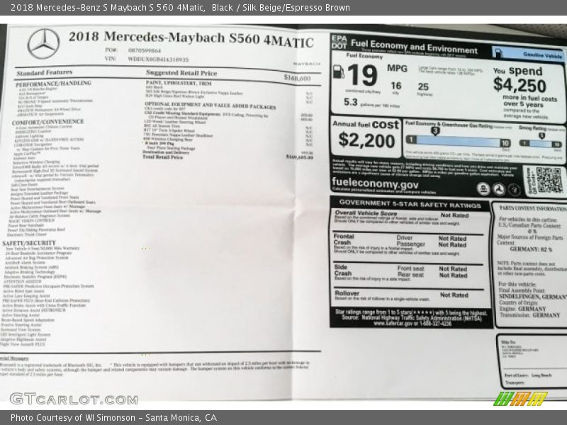  2018 S Maybach S 560 4Matic Window Sticker