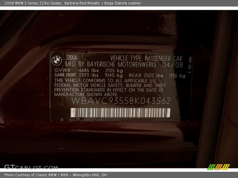 Barbera Red Metallic / Beige Dakota Leather 2008 BMW 3 Series 328xi Sedan