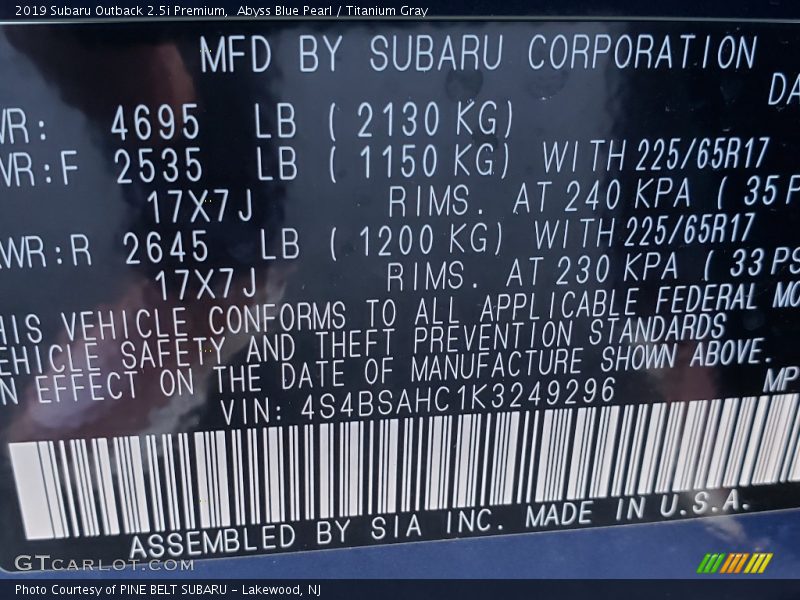 Abyss Blue Pearl / Titanium Gray 2019 Subaru Outback 2.5i Premium