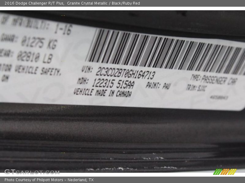 Granite Crystal Metallic / Black/Ruby Red 2016 Dodge Challenger R/T Plus