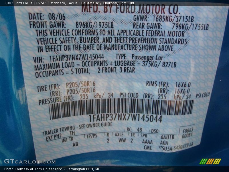 Aqua Blue Metallic / Charcoal/Light Flint 2007 Ford Focus ZX5 SES Hatchback