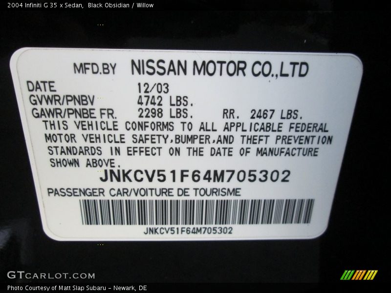 Black Obsidian / Willow 2004 Infiniti G 35 x Sedan