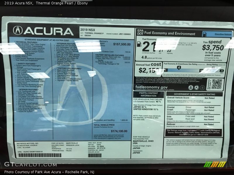  2019 NSX  Window Sticker